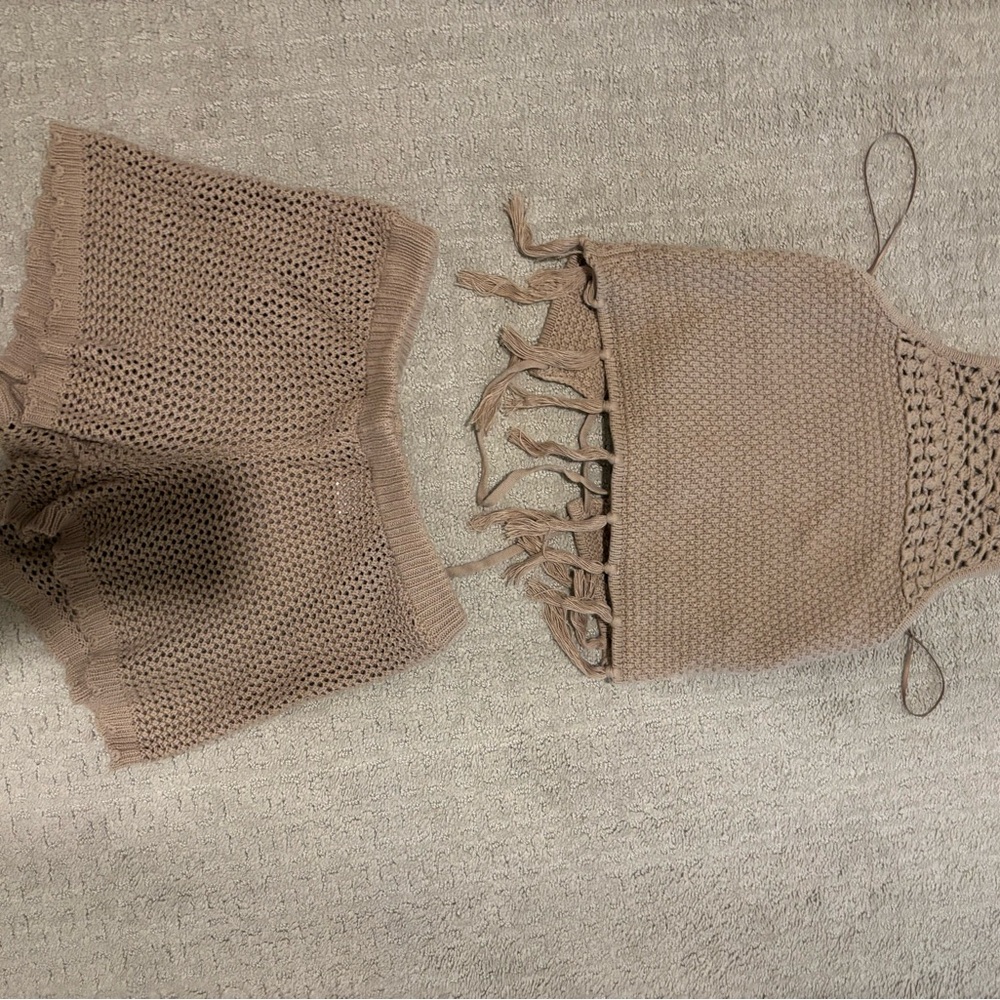 Tan Crochet Halter Top and Shorts Set bp xxs